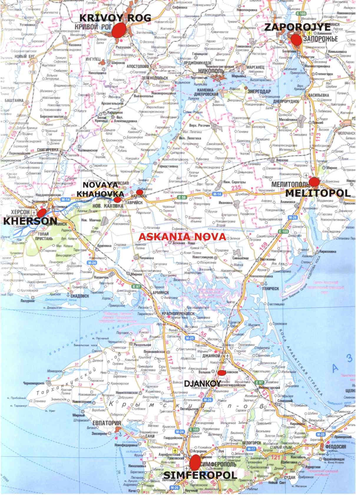 Карта проезда из Одессы в заповедник Аскания Нова
